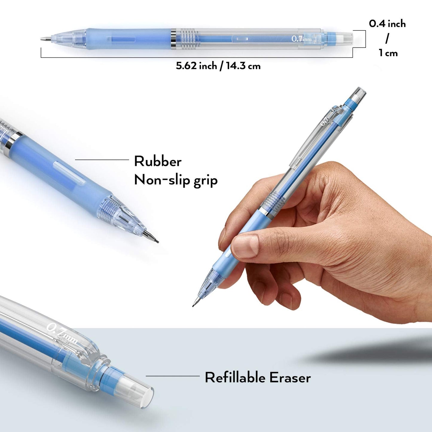 Nicpro 23PCS Pastel Mechanical Pencil 0.5 & 0.7 mm with Case for School, with 12 tubes HB Lead Refills, 3 Erasers, 9 Eraser Refills For Student Writing, Drawing, Sketching, Blue & Pink & White Colors