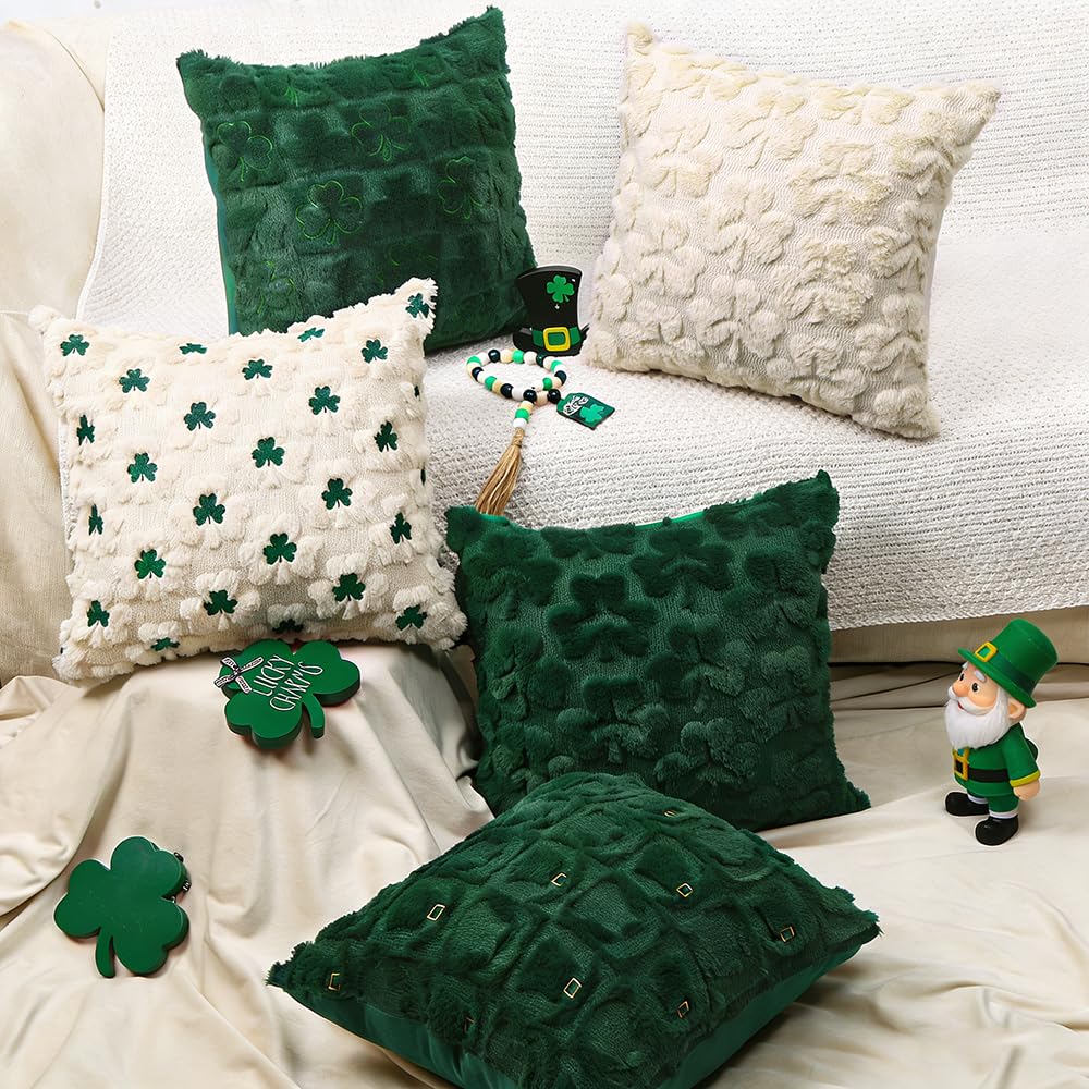 Heirloom Haven St Patrick’s Day Pillow Covers Set of 2,Beige Shamrock Irish Soft Plush Fluffy Faux Fur Jacquard Decorative St. Patrick’s Day Holiday Farmhouse Cushion Case for Sofa 18 x 18 Inch