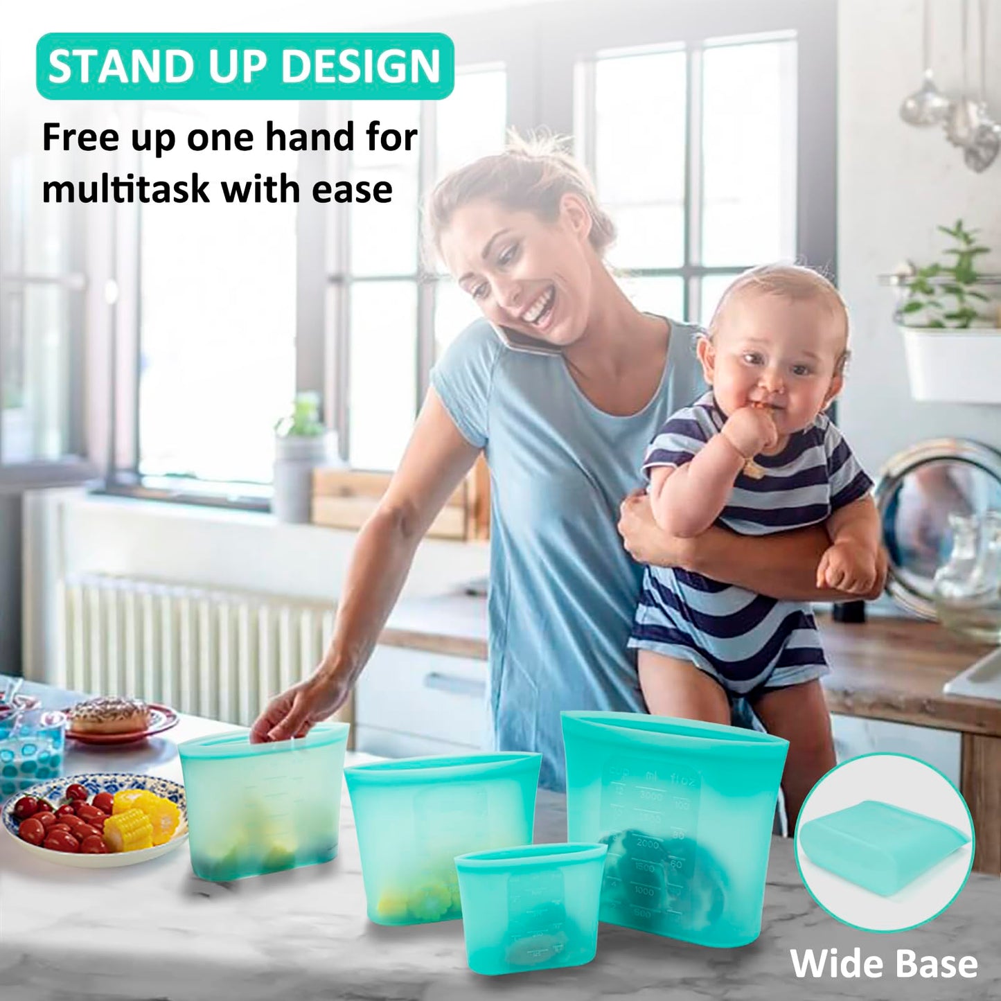 Reusable Food Bags, 12 Pack 100% Silicone Food Storage Bags Stand Up Zip Lock Container, Freezer Microwave Oven Dishwasher Safe, 4 Medium 4 Small 4 Extra Small, Aqua