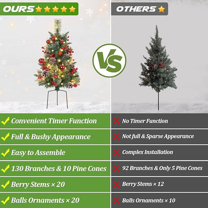 Set of 2 Outdoor Pathway Christmas Trees with Lights, 30in Prelit Battery Operated Artificial Xmas Tree Holiday Décor for Porch, Urn & Planter Filler, Red Berries, Pine Cones, Ball Ornaments