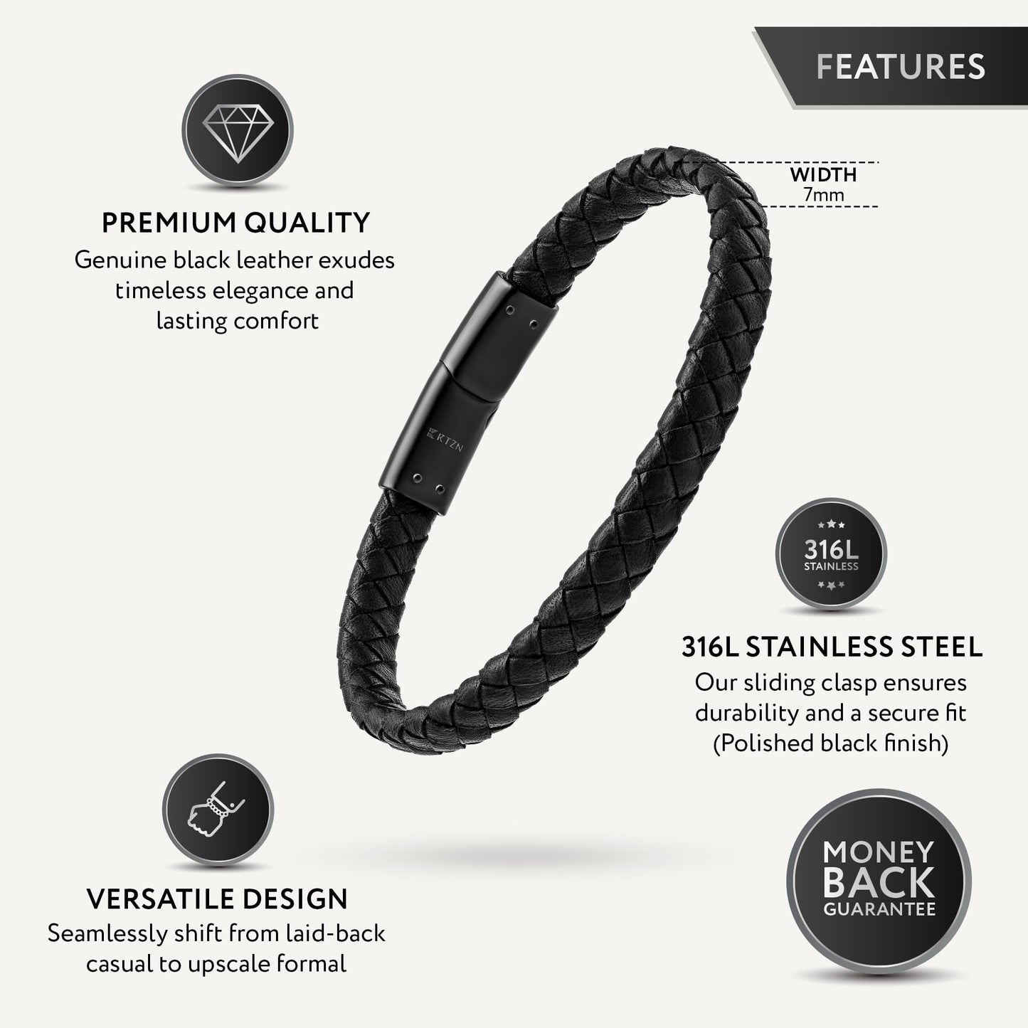 RTZN Black Leather Bracelet for Men Premium Artisan Handcrafted Braided Leather Bracelet Mens (Small)