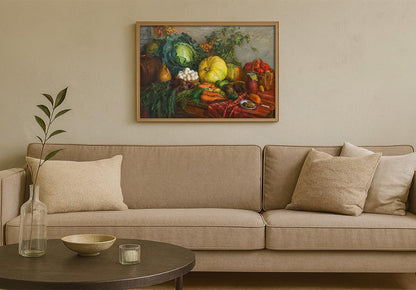 Rustic Harvest Still Life Wall Art Vintage Oil Painting Reproduction with Pumpkin, Cabbage, Carrots & Basket for kitchens, dining rooms, farmhouse cabins, restaurants, or rustic cafés that embrace a vintage countryside theme (12" x 18"-UNFRAMED)
