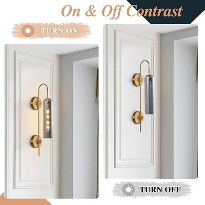 BOKT Brushed Brass Gold Wall Mounted Sconce Mid Century Modern Smoke Gray Glass Wall Sconce Light Single Bathroom Bedroom Wall Lighting Fixtures for Living Room Hallway Kitchen Mirror (Smoke Gray)