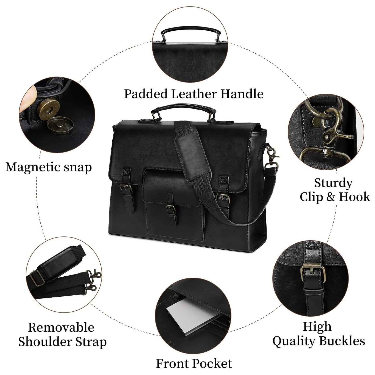Leather Messenger Bag for Men Women 15.6 Inch Waterproof Vintage Leather Laptop Briefcase Large Satchel Shoulder Bag Office Travel College Computer Laptop Bag, Black
