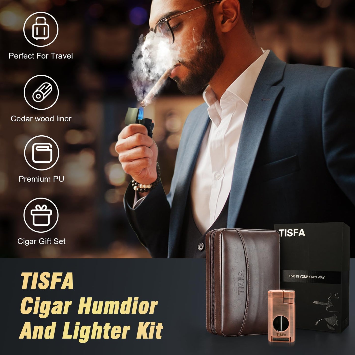 TISFA Cigar Humidor, Leather Cigar Case with Cigar Lighter, Cigar Cutter V Cut, Cigar Stand 3 in 1, Portable Travel Humidor with Humidifier, Cigar Gift Cedar Wood Cigar Box (Dark Brown)