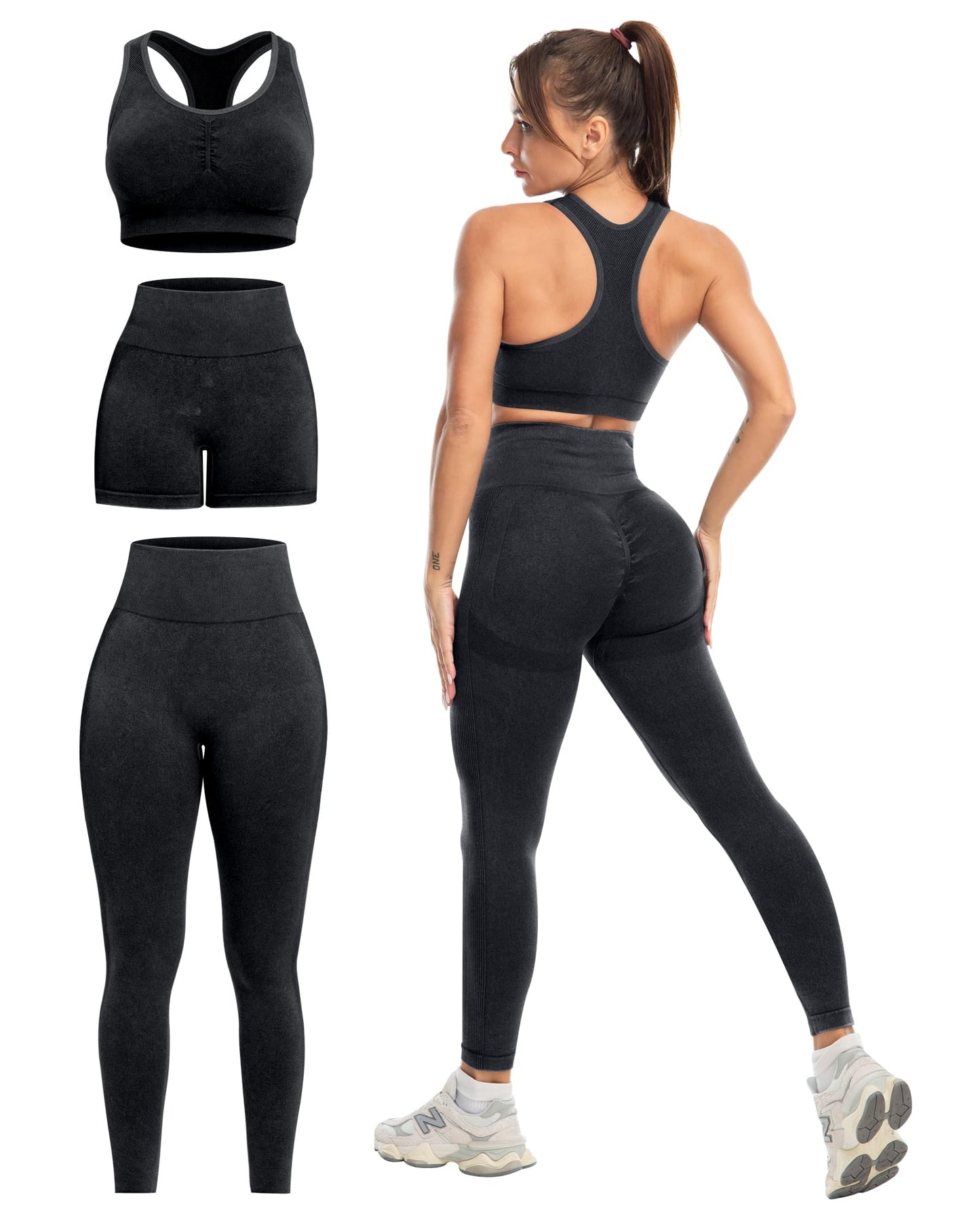 SALSPOR 3 Piece Workout Sets for Women Butt Lifting Leggings with High Impact Sports Bra Gym Shorts Activewear Matching Set(3DWX-Washed Black-M)