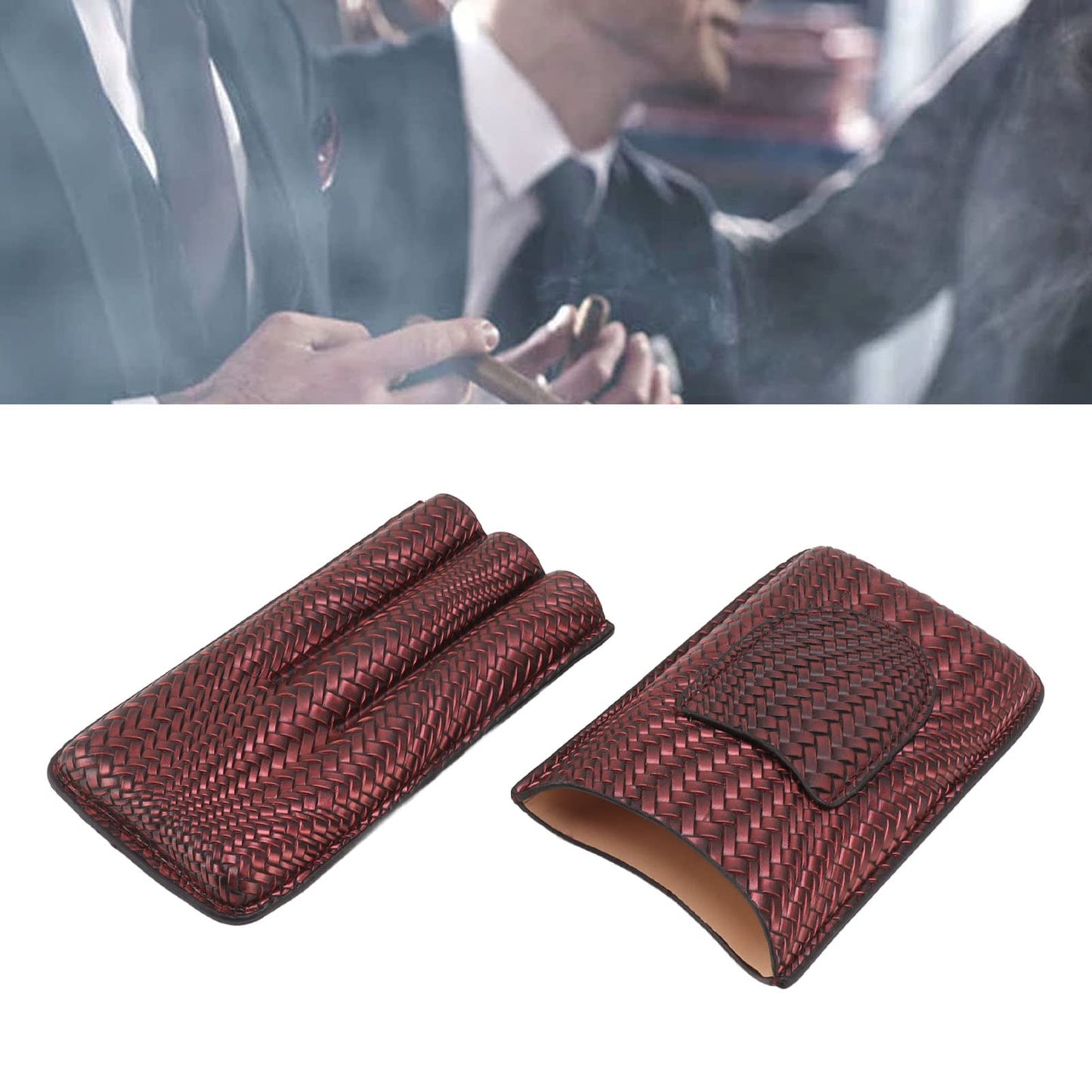 Travel Leather Cigar Case, 3 Finger Cigar Case Elegant Woven Pattern Gift Giving with Front Pocket for Office for Party()