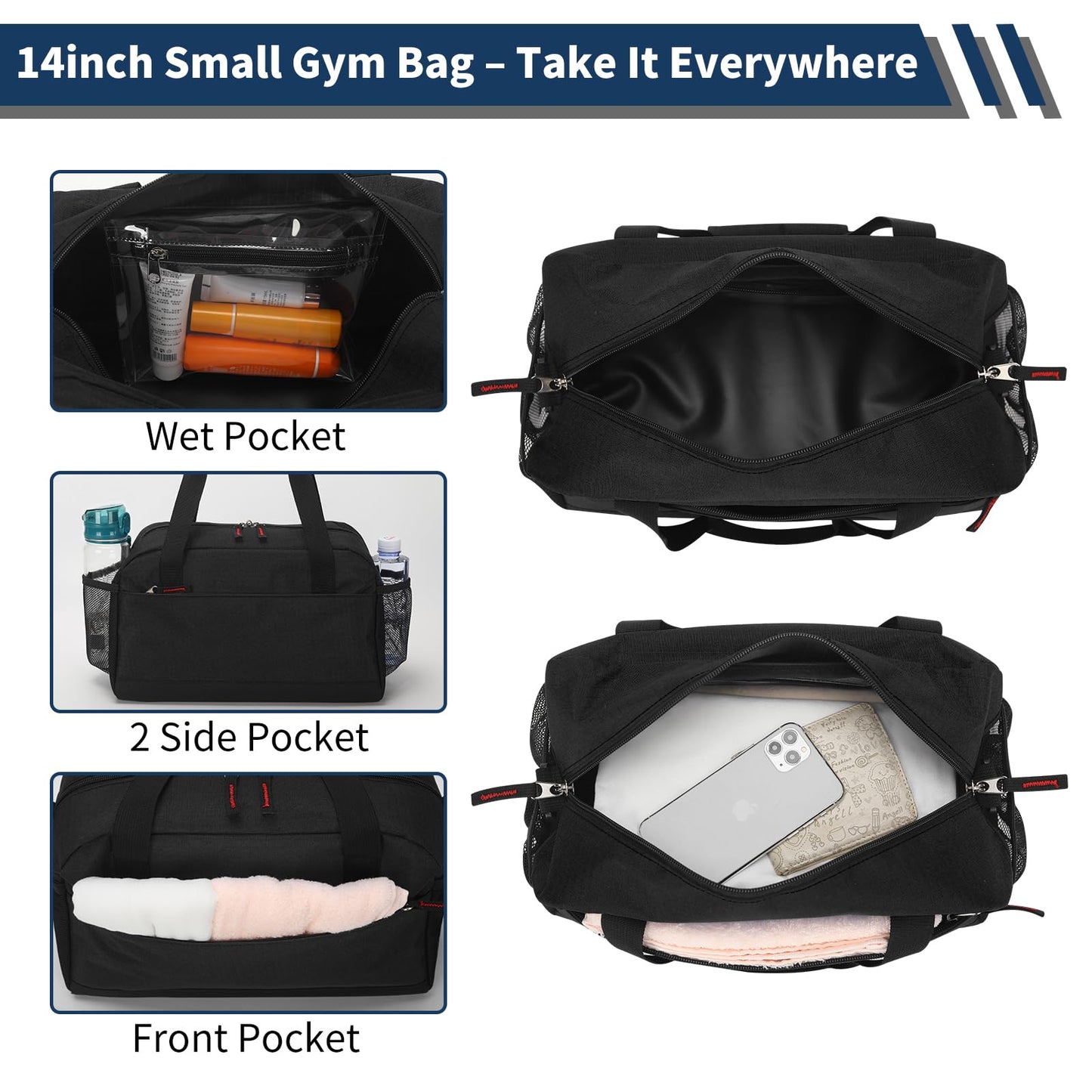 THSOGO Small Gym Bag with Wet Pocket - 14 inch Mini Duffle Bag for Men & Women Lightweight Carry On Bag for Travel Sport - Black