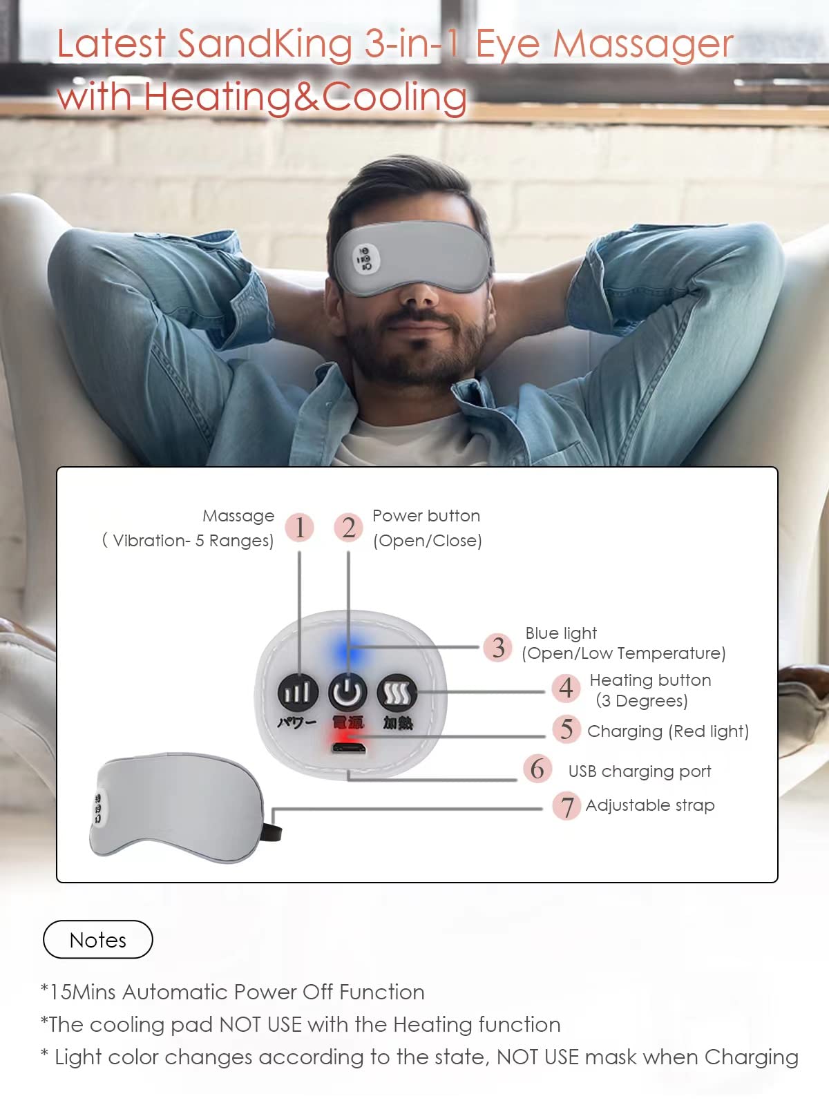 SandKing Cordless Heated Eye Massager with Cooling Eye Pad, Vibrating Heating Sleeping Mask for Men Women Kids -USB Charing Heated Eye Mask Electric for Dry Eyes, Relax,Travel (Blue)