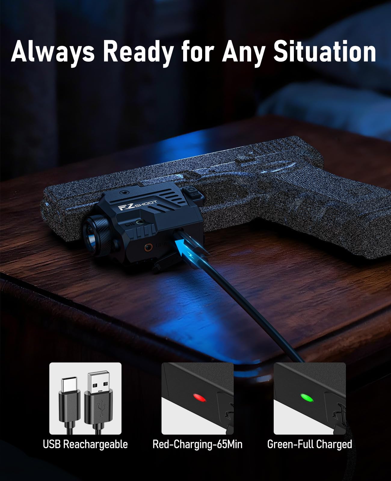 EZshoot 1000 Lumens Pistol Light Laser Combo - Rechargeable Gun Light with Slide Rail Compatible with Glock and Picatinny Rail, Pistol Flashlight with Blue Laser Beam for Home Defense,Range Training
