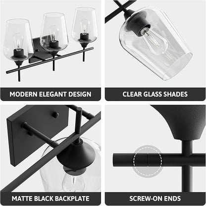 VONLUCE Bathroom Vanity Light, 3 Light Bathroom Light Fixture Over Mirror, Bathroom Wall Lamp with Clear Glass, Modern Black Vanity Lighting fixtures for Bathroom, Bedroom, Hallway