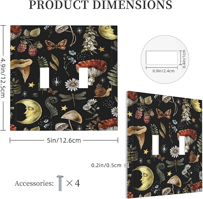 Nature Plant Botanical Daisy Mushroom Snails And Moon Double Toggle Light Switch Cover Decorative 2 Gang Wall Plate Electrical Switchplate Faceplate for Bathroom Decorate Accessories