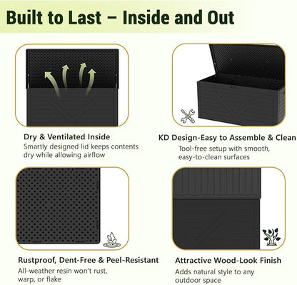 Outdoor Storage Box, 260 Gallon Deck Box Outdoor Storage Bench Outside Waterproof Resin Storage Bench, Lockable Patio Cushions, Garden Tools Storage For Furniture, UV Resistant(Black)
