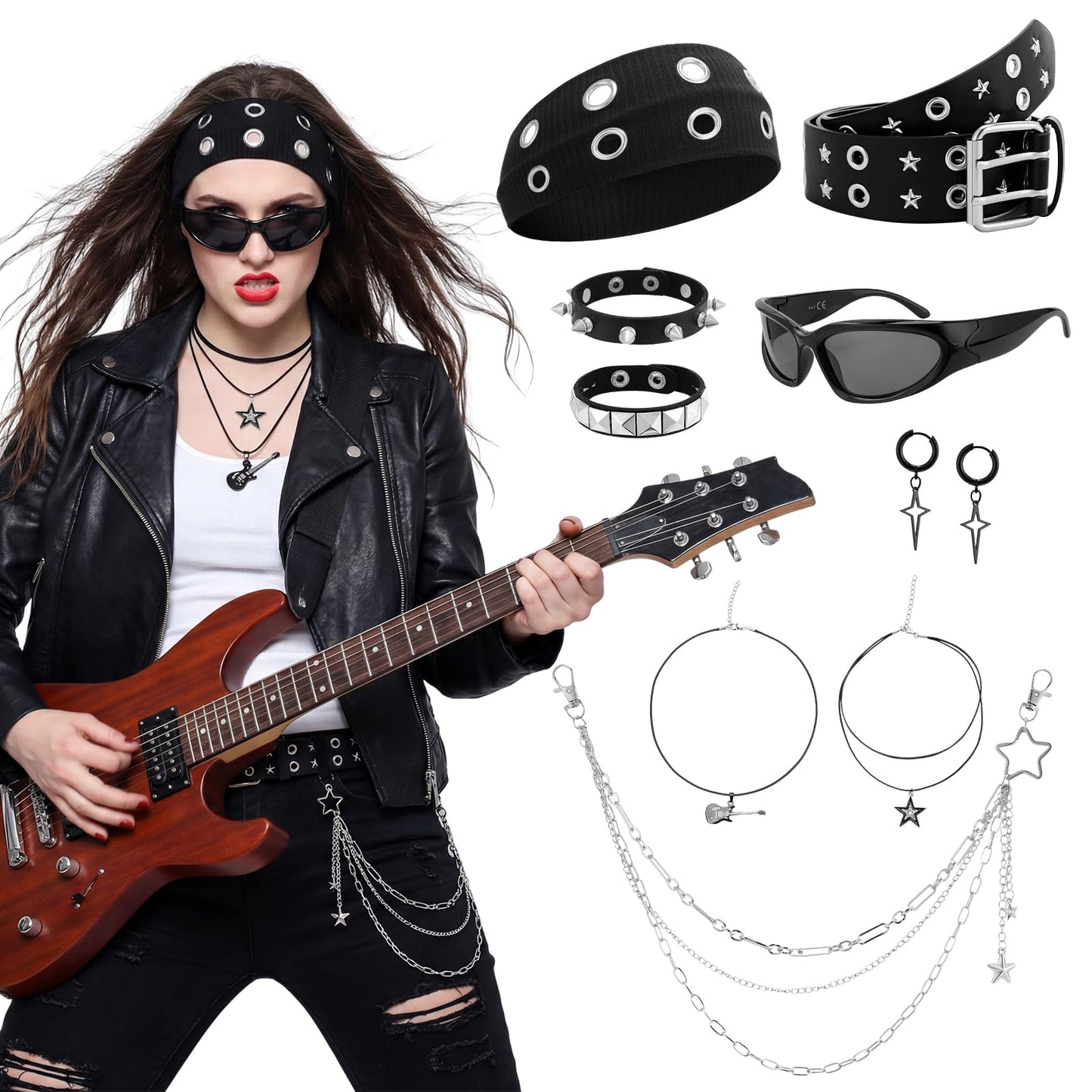 JATEBI 8 Pcs Gothic Punk Rock Accessories for Women, Y2K Accessories Set Black Studded Belt Bracelets Grommet Headband Punk Star Pants Chain Necklaces Earrings Sunglasses for Women