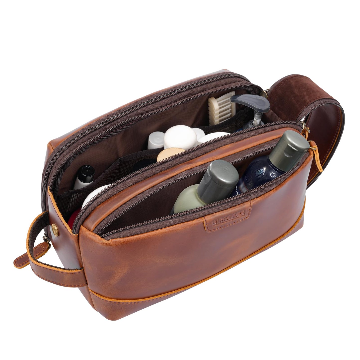 Polare Full Grain Leather Toiletry Bag for Men Large Travel Cosmetic Case Dopp Kit Shaving Kit Wash Pouch with YKK Zippers (Brown)