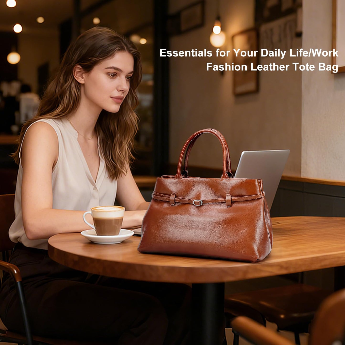 Masa Kawa Genuine Leather Tote Bag for Women with Long Strap, Waterproof Expandable Top-Handle Handbag, Shoulder Crossbody Bag for Daily Work, Caramel Brown