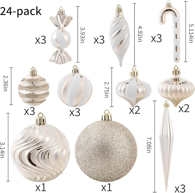 Christmas Ball Ornaments Set Shatterproof Christmas Tree Ornaments 24 PCS Painted Shaped Styles Xmas Tree for Holiday Decor,Champagne