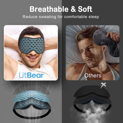LitBear Breathable Sleep Mask, 3D Eye Mak Sleep for Side Sleepers Women Men, Light Blocking Sleeping Mask with Adjustable Strap, Soft Lightweight Eye Cover for Travel, Night Work, Nap, Office - Blue