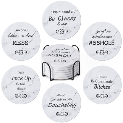 Hoewina 6Pcs Drink Coasters with Holder, Marble Style Ceramic Drink Coaster, Absorbent Coasters Set Suitable for Kinds of Cups, Modern Style Coasters for Coffee Table, 4 Inches（Style 10）