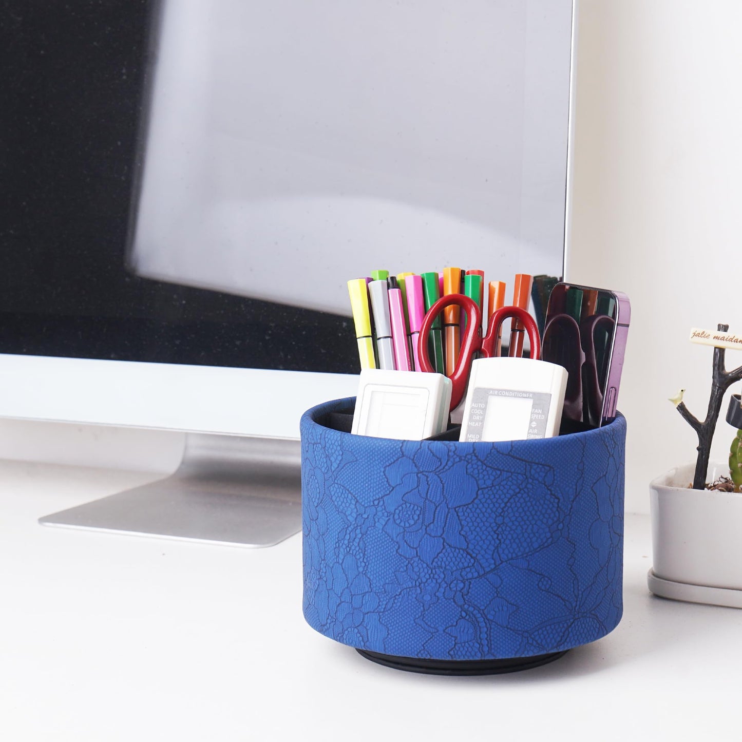 Lvkjafaz Round Leather Art Supply Organizer,Remote Control Holder,360 Degree Spinning,Multi-Functional Pencil Holder,4 Compartments Desktop Stationary Organizer(1-Lace Flower Blue)