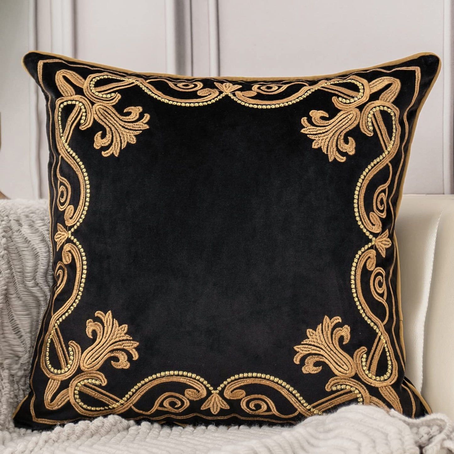 Aeckself Floral Pillow Cover 18x18 Inch, Velvet Embroidered Decorative Farmhouse Accent Throw Pillow Cover for Couch Bedroom Living Room, Black and Gold