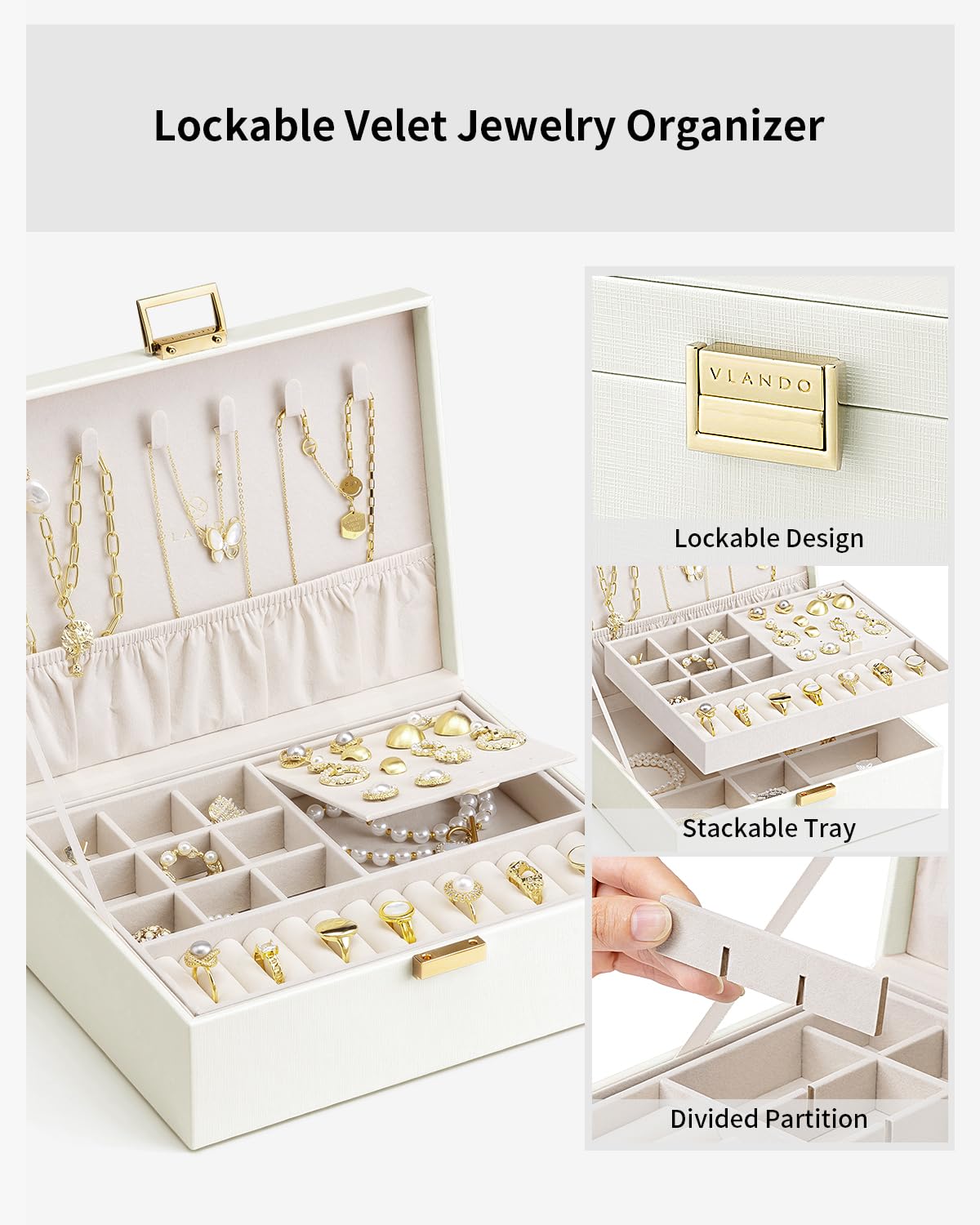 VLANDO Jewelry Box for Women, Gift for Women Girls,2 Layer Jewelry Box,Large Jewelry Organizer for Women Removable Jewelery Tray for Necklace Earrings Rings(Cream White)