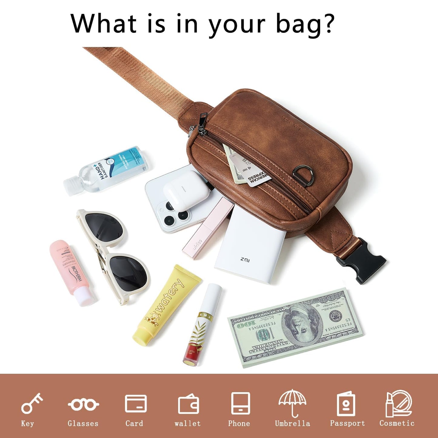 Leresas 2L Fanny Packs for Women Men Everywhere Belt Bag Vegan Leather Chic Waist Pack Crossbody Chest Bag Travel Hiking Brown