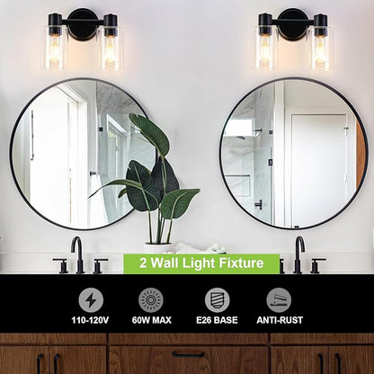 2 Light Bathroom Wall Light Fixtures Black Bathroom Wall Sconce with Clear Glass Lights Over Mirror Vanity Lights E26 Base