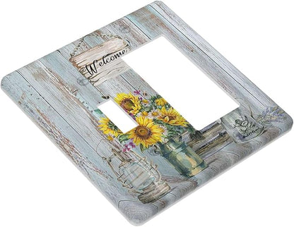 Sunflower Vintage Barn Wooden 2 Gang Light Switch Covers Sun floral Single Toggle Rocker Combo Wall Plate Electrical Faceplate Decorative Switchplate Farmhouse Home Livingroom Decor