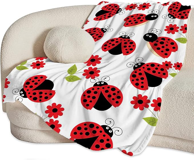 Ladybug Blanket, Lady Bug Cartoon Throw Blankets, Flower Green Leaves Fuzzy Plush Blanket Ultra Soft for Animal Lover Gift Kids Teens Women Men Girls Boys Stuff Decor for Bedding Sofas Couchh 80"X60"