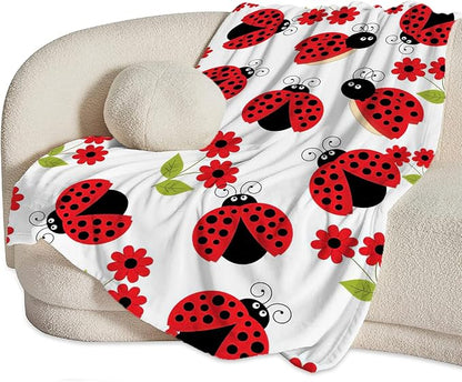 Ladybug Blanket, Lady Bug Cartoon Throw Blankets, Flower Green Leaves Fuzzy Plush Blanket Ultra Soft for Animal Lover Gift Kids Teens Women Men Girls Boys Stuff Decor for Bedding Sofas Couch 50"X40"