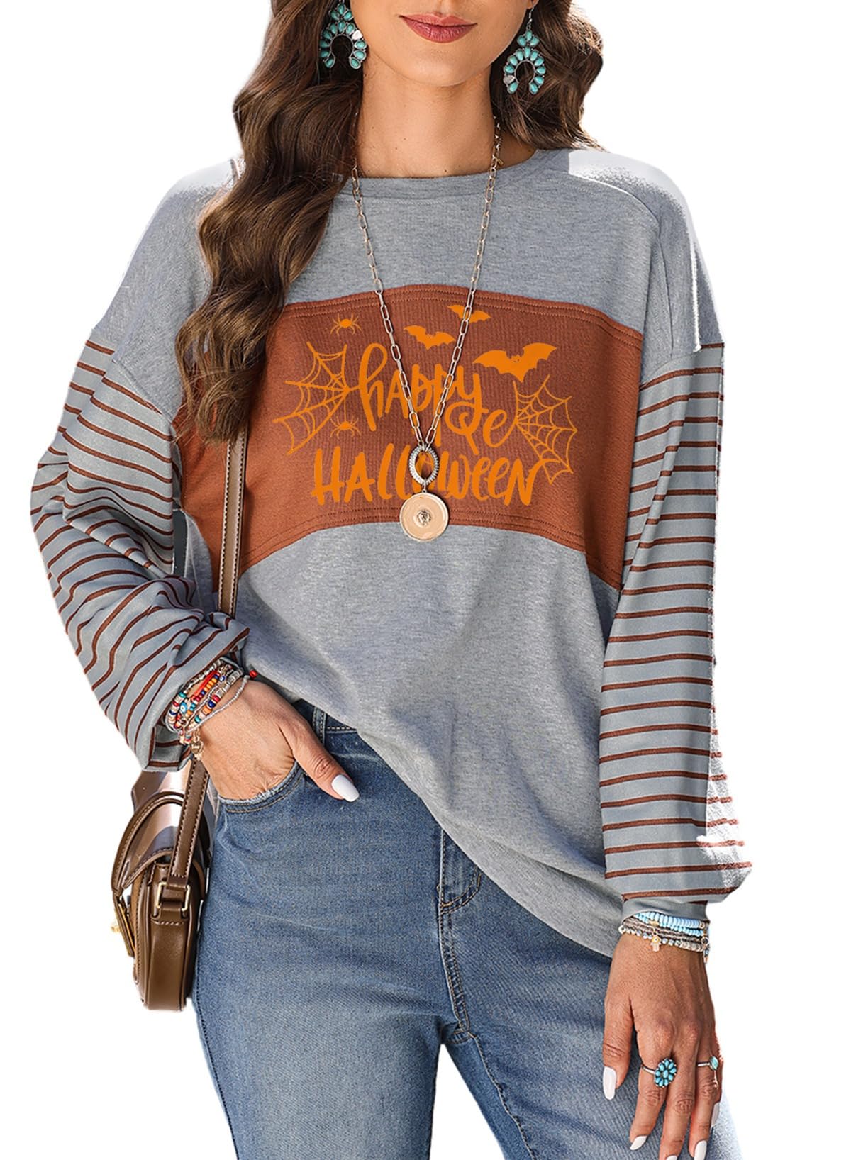 Dokotoo Long Sleeve Tops Oversized 2025 Trendy Round Crew Neck Casual Color Block Womens Shirts Blouses