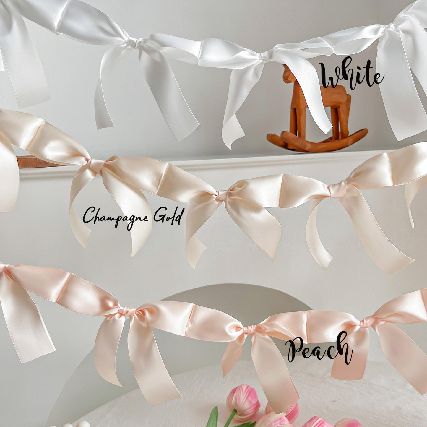 Eanjia Pre-Assembled White Bow Garland - 6ft Elegant Church Wedding Decor, Baby Shower Banner & Bridal Shower Backdrop, Thick Satin No DIY Needed! Baby Room Bed Decor (White, 6ft)