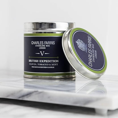 Charles Farris Luxury Scented Candle – Tin, Hand-Poured, Long Lasting, Clean Burning, 300g / 10.5oz, Burns for up to 40 Hours, Made in England – Cloves, Tobacco & Mint Tea – British Expedition