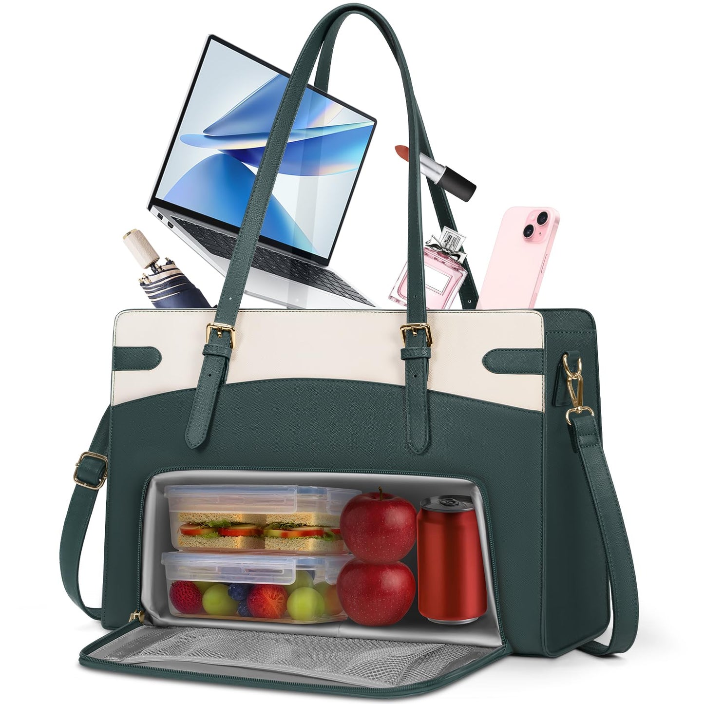RAINSMORE 2-in-1 Laptop Bag with Insulated Lunch Compartment for Women 15.6 Inch PU Leather Work Tote for Teachers Nurses, Professional Water-Resistant Business Briefcase for Office & Travel
