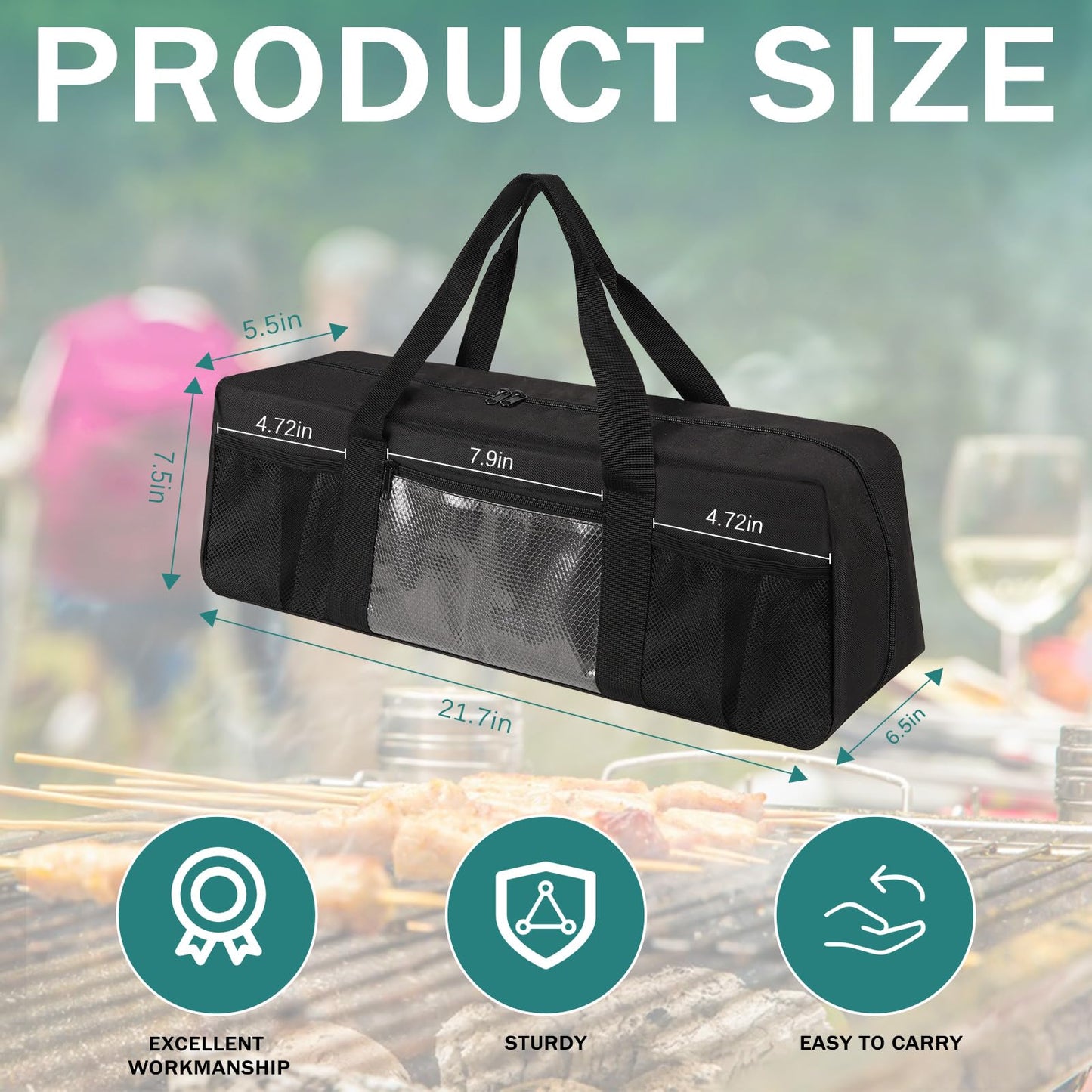 Frjjthchy Grill Tool Storage Bag, Large Grill Utensil Storage Caddy with Pockets, Portable Grill Accessory Storage Bag for Outdoor Camping & BBQ (Black)
