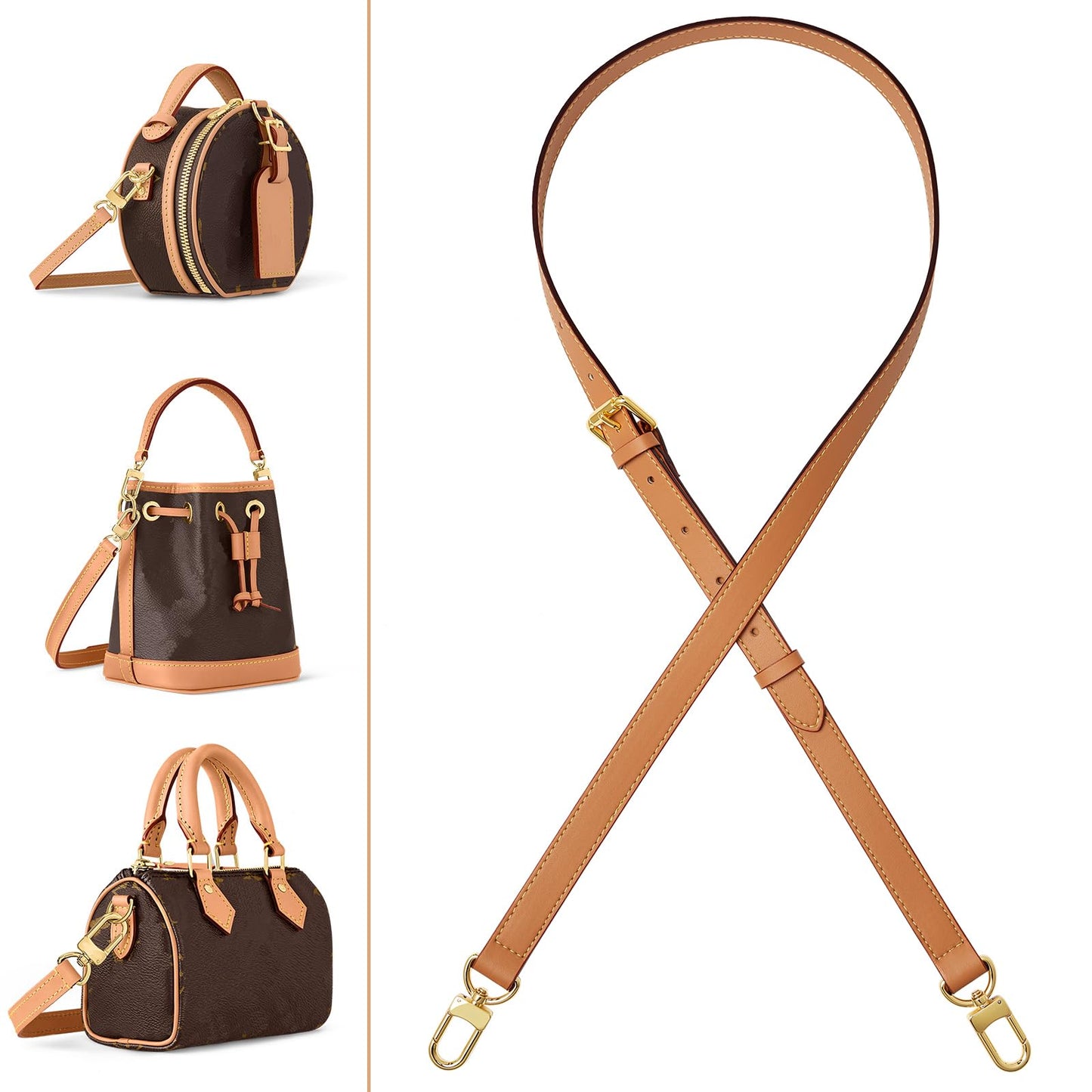 BMBMLV Vachetta Leather Strap Adjustable Crossbody Strap for Small Bags Pochette Mini NM Eva Favorite PM MM Nano Speedy(Honey Light Yellow)
