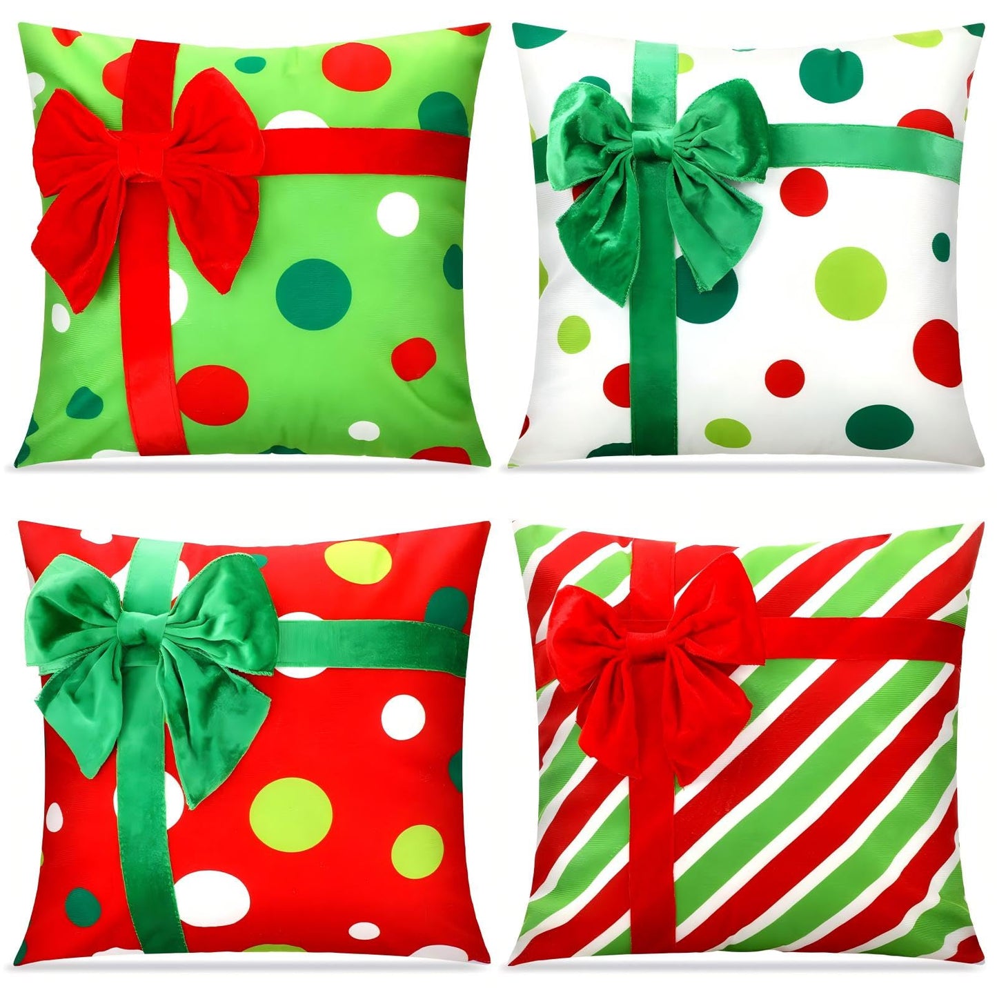 Breling 4 Set Christmas Pillow Covers 3D Bows Gift Box Pillow Cases 18 x 18 Inch Red Green Stripe Dot Xmas Winter Cushion Cases for Christmas Home Chair Bed Sofa Cushion Decor