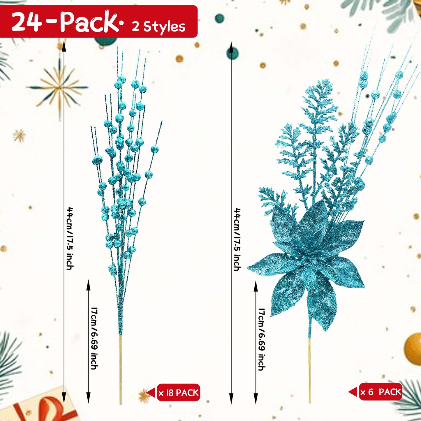 24 Pack Artificial Glitter Berry Stem Ornaments 17.5 Inch Fake Christmas Picks Decorations with Poinsettia Christmas Flowers, Bead Sticks for DIY Christmas Tree Wreath Wedding Small Vase Decor