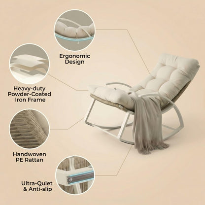 IRONCK Outdoor Rocking Chair with Armrest and Cushion, Patio Rocking Chair, 480lbs Capacity, Handwoven Twisted Rattan Rocker for Garden, Living Room, Balcony, Beige