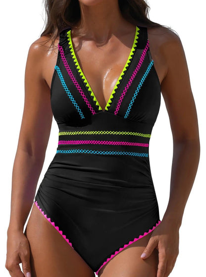 popvil Modest One Piece Swimsuits for Women 2026 Tummy Control Neon Bathing Suit with Adjustable Strap, Black, Large