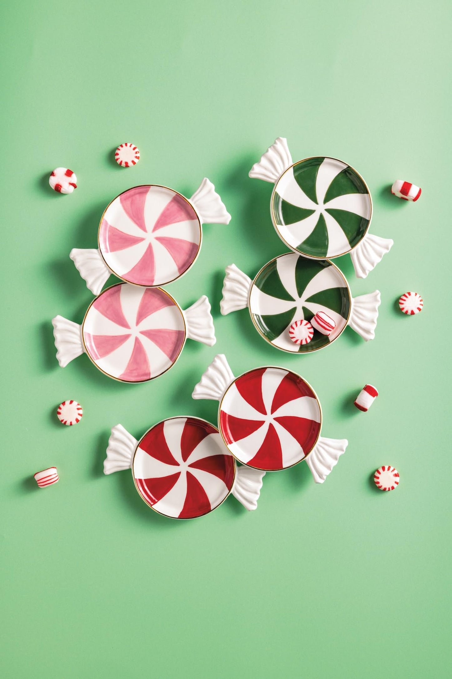 Mud Pie Christmas Green Peppermint Tidbit Plate Set of 2