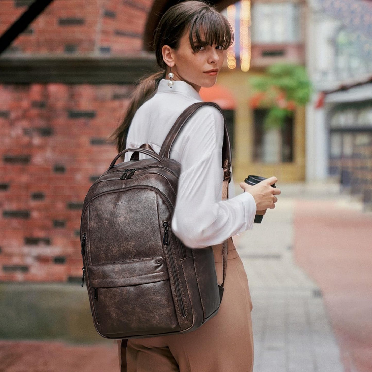 LATMAP 30L Backpack Purse for Women Men Laptop Backpack, Faux Leather Travel Work Backpack Teacher Bookbag fits 15.6" Laptop,Coffee