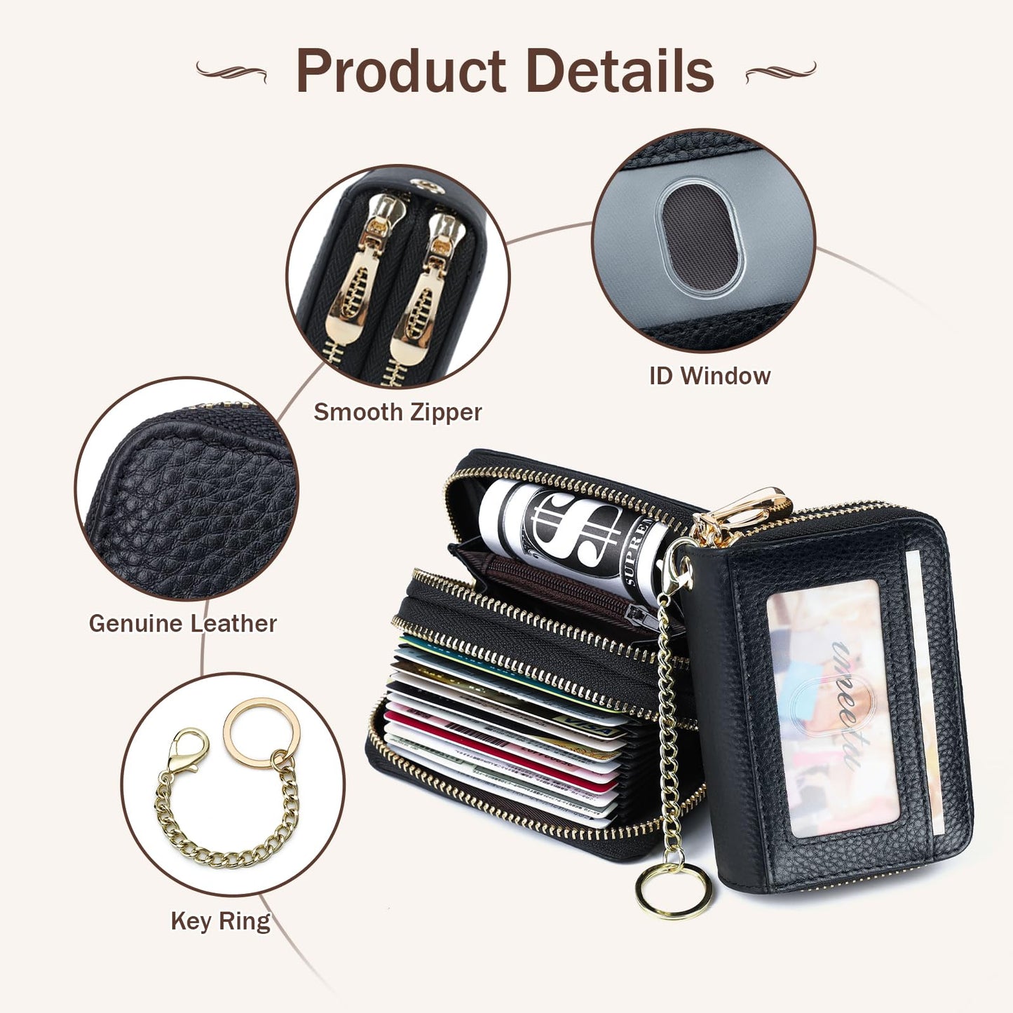 imeetu Rfid Credit Card Holder,Genuine Leather Businese Card Case,Rfid Blocking Wallet for Women & Men(Max - Black)