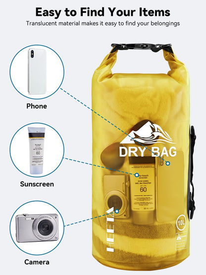 HEETA Dry Bag Waterproof for Women Men, Roll Top Lightweight Dry Storage Bag Backpack with Phone Case for Travel Swimming Boating Kayaking Paddle Board Camping Beach Accessories (Yellow, 10L)