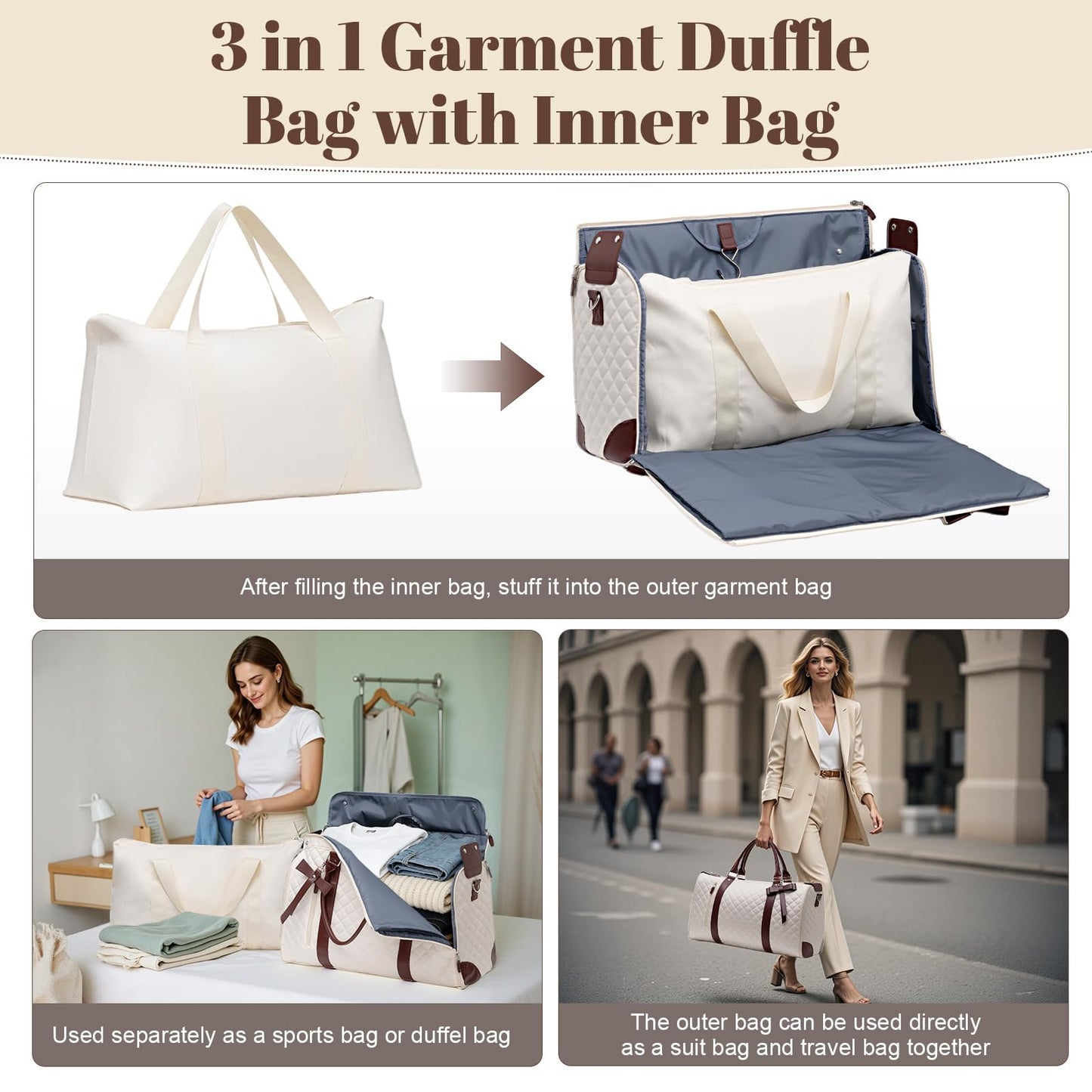 GARPROVM Garment Bags for Travel Women, 3 in 1 Convertible Garment Duffle Bags with Separated Tote Bag, Waterproof Suit Bag Travel Carry On Luggage Weekender Bag for Business Trip, Beige