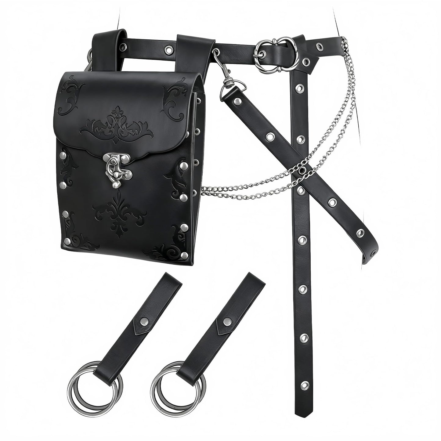 TobWeaL Renaissance Pirate Chain Belt Pouch Set - Medieval Viking Skirt Hike Faux Leather Waist Bag Costume Accessories for Cosplay (Black)
