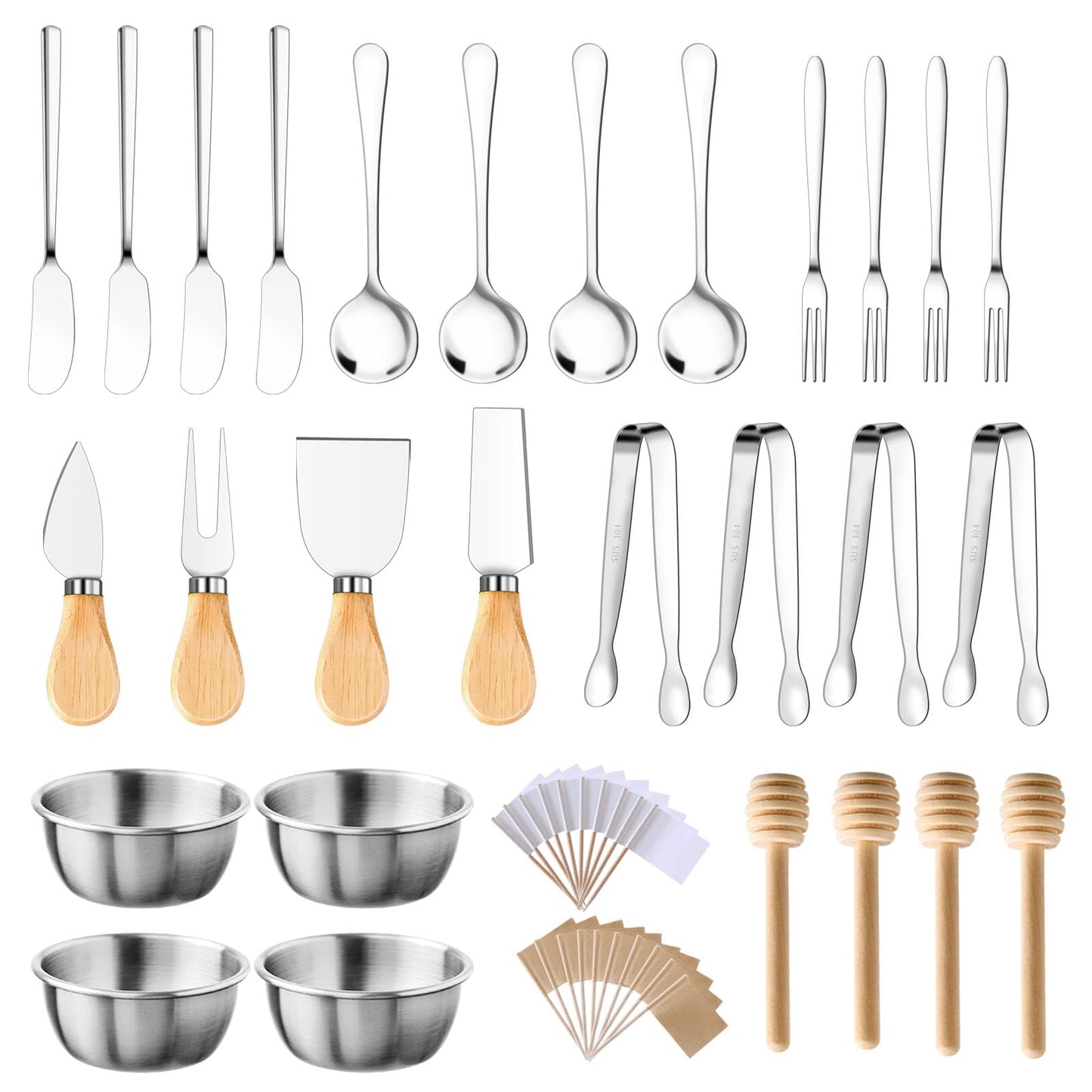 48 Pcs Charcuterie Boards Accessories Butter Spreader Knives Set Stainless Steel Cheese Mini Serving Tongs Spoons Forks Dipping Bowl Toothpick Flags Utensil for Pastry Making Wedding Christmas(Sliver)