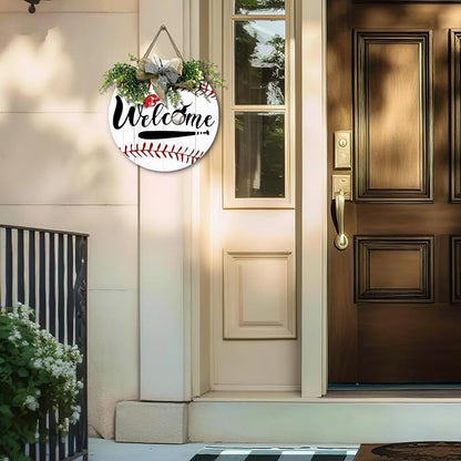 Baseball Door Sign Welcome to the Baseball Game Hanging Sign With Wreath And Bow Baseball Bat Ballfield Round Wooden Front Door Sign for All The Seasons Sport Farmhouse Decor 12x12 Inch