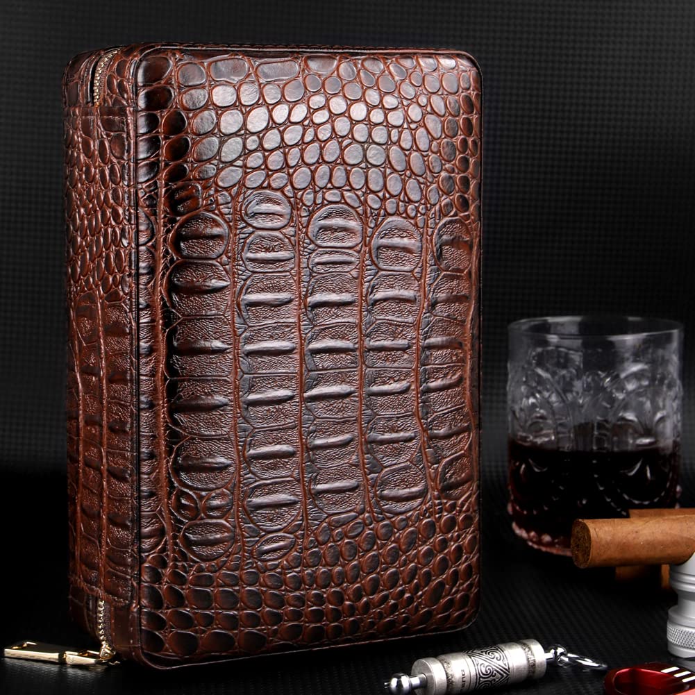 KEENSUN Cigar Case- 4-Finger Black Brown Crocodile Pattern PU Leather Travel Cedar Wood Cigar Humidor with humidifier,Cigar Cutter and Cigar Holder Great Gift for Men